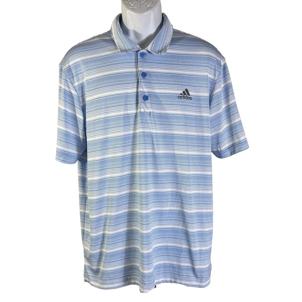 Adidas Golf Polo Shirt Mens Large Blue Striped Short Sleeve Performance